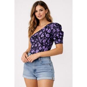 Free People Somethin' Bout You Bodysuit Floral One Shoulder Puff Sleeve Small